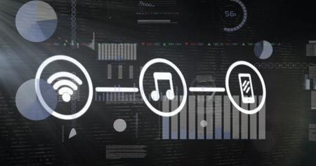 Image of flowchart of icons over multiple graphs and trading board over black background. Digitally...