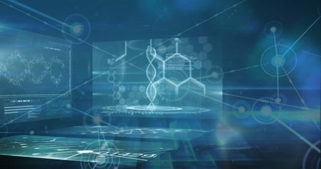 Image of network of connections against screens with medical data processing on blue background....
