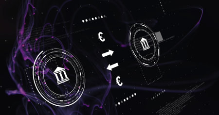Image of icons and currency symbols with data processing over light trails on black background....