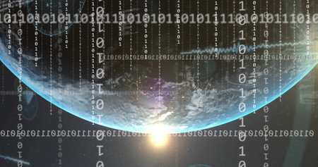 Image of globe with binary coding and data processing over dark background. Global artificial intelligence, connections, computing and data processing concept digitally generated image.の写真素材