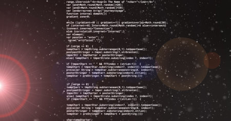 Image of glitching data processing over bokeh spotlights and white lights on dark background....