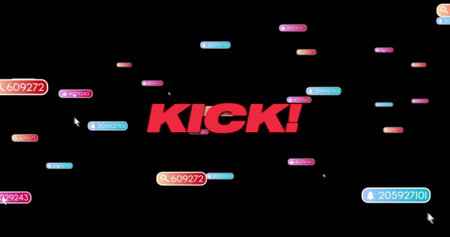 Image of kick text in red over social media notifications on black background. Social network, data, digital interface and global communication, digitally generated image.の写真素材