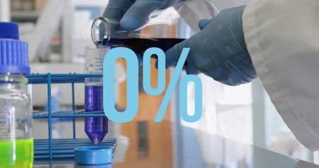 Image of growing numbers from 0 to 100, percentile, cropped hands of scientist pouring liquid....