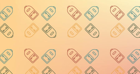 Image of multiple school bag icons in seamless pattern against orange background. School and education conceptの写真素材