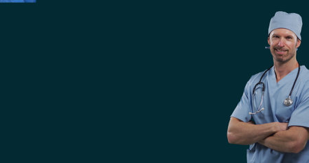 Image of caucasian male doctor wearing scrub standing arms crossed against black background. Digital composite, multiple exposure, profession, medical and healthcare concept.の写真素材