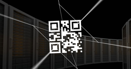 Image of qr code on lines over server system racks against black background. Digital composite, multiple exposure, barcode, banking, data center, networking, network security and technology.の写真素材