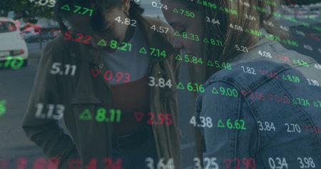 Image of multicolored trading board over diverse female friends looking at smartphone. Digital...