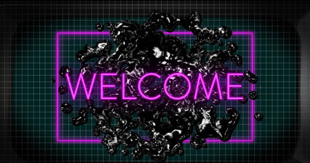 Image of neon purple welcome text banner over liquid shape floating against green background. image game interface technology conceptの写真素材