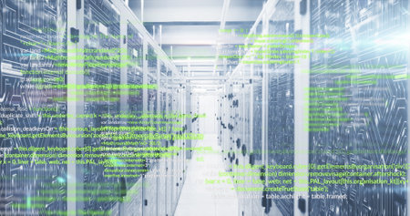 Image of programming languages and illuminated abstract lines moving on data server systems. Composite, data center, security, networking, technology, network server, coding, data processing.の写真素材