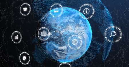 Image of icon in circles over connected dots around glove against abstract background. Digitally...