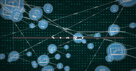 Image of start text banner and network of digital icons against dots pattern on green background....