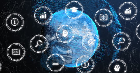 Image of icon in circles over connected dots around globe against abstract background. Digitally...