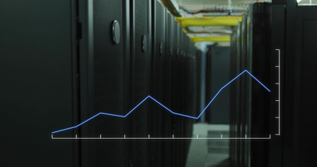 Image of line graphs representing growth over server room. Digital composite, networking, data...