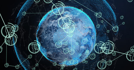 Image of connected icons over connected dots around globe against black background. Digitally generated, hologram, illustration, illuminated, communication and globalization concept.の写真素材