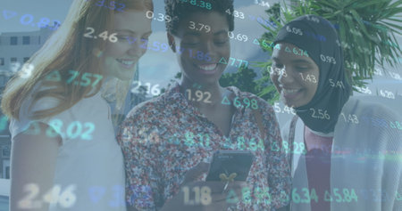 Image of stock market data processing over group of diverse women using smartphone on street. Global economy and business data technology conceptの写真素材