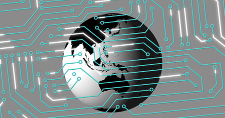 Image of circuit board pattern and rotating globe over gray background. Digitally generated, hologram, illustration, power supply, motherboard, globalization and technology concept.の写真素材