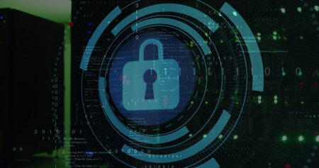 Image of security padlock icon on round scanner and binary coding against computer server room....