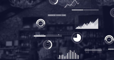 Image of multiple business graphs moving over coffee shop. Digital composite, business, report, chart, progress, data, equipment, cafes and cafeteria concept.の写真素材