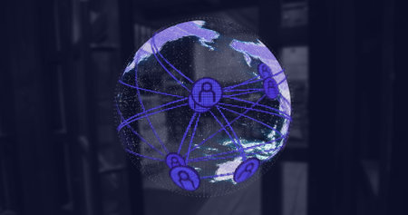 Image of globe with connected profile icons over entrance of empty coffee shop. Digital composite, business, telecommuting, global connection, technology, social media, cafes and cafeteria.の写真素材