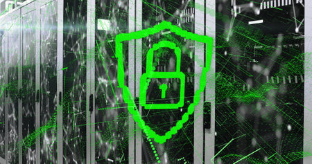 Image of padlock with connected dots and abstract patterns over data server systems. Digital composite, data center, security, networking, technology, network server, coding, data processing.の写真素材