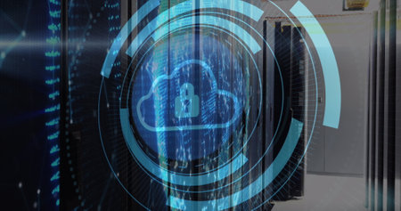 Image of security padlock and cloud icon on round scanner against computer server room. Cyber security and business data storage technology conceptの写真素材