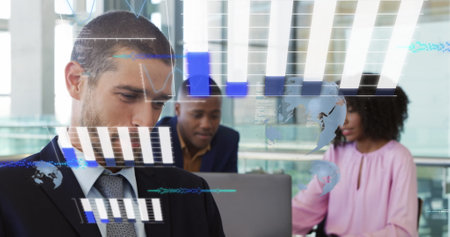 Image of financial data processing over diverse business people in office. Global business, finances, computing and data processing concept digitally generated image.の写真素材