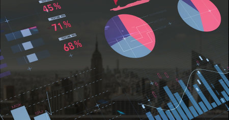 Image of multicolored infographic interface over aerial view of modern city against sky. Digital...