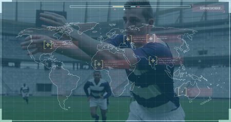 Image of digital interface with world map over football players. global sports, competition,...