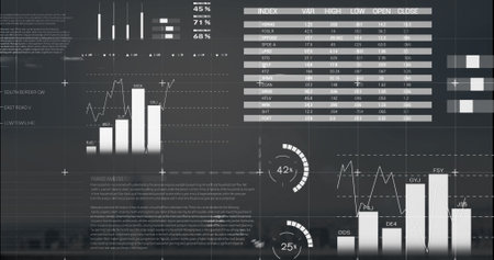 Image of white infographic interface over modern cityscape against sky. Digital composite, multiple exposure, report, business, growth, progress, global, buildings and architecture concept.の写真素材