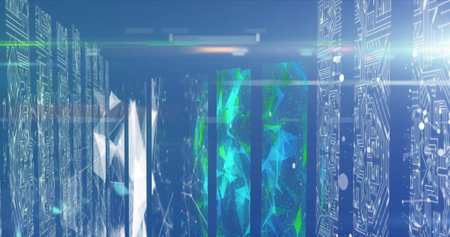 Bright blues and greens dominating, suggesting advanced technology. Vivid digital patterns glowing,...