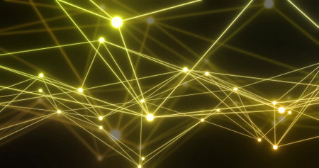 Image of neon network of connections on black background. Abstract background and pattern concept, digitally generated image.の写真素材