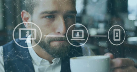 Image of financial data processing over caucasian businessman drinking coffee. Global finance, business, connections, computing and data processing concept digitally generated image.の写真素材