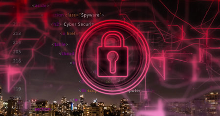 Image of padlock in circles, computer language over illuminated cityscape against night sky. Digital...