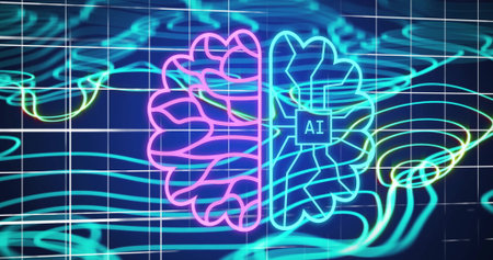 Image of ai data processing over blue glowing lines on dark background. Global artificial...