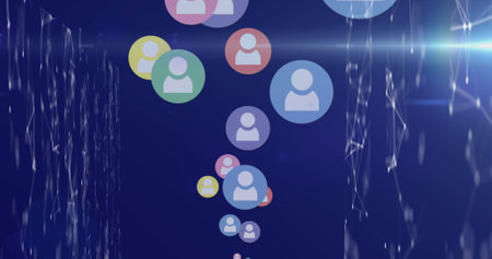 Image of digital interface data processing with multiple people icons on blue background. Global...