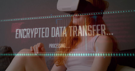 Image of data processing over woman wearing vr headset. global technology, connections and digital...