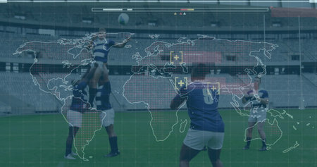 Image of digital interface with world map over football players. global sports, competition, connections, data processing concept digitally generated image.の写真素材
