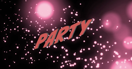 Image of party text in orange letters over pink spots of light on pink background. new year's eve party and celebration concept digitally generated image.の写真素材