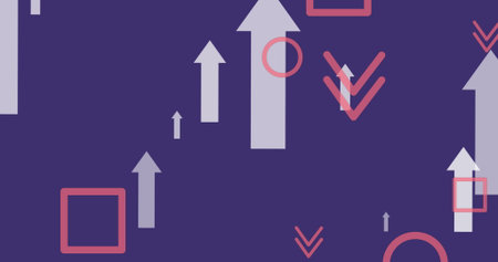 Image of white arrows and shapes on blue background. global business, finances, connections and...