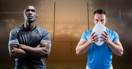 Image of diverse male rugby players over stadium. global sport and rugby concept digitally generated image.の写真素材