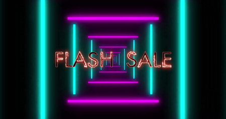 Image of flash sale text and colourful shapes over digital tunnel. Abstract background and digital interface concept, digitally generated image.の写真素材