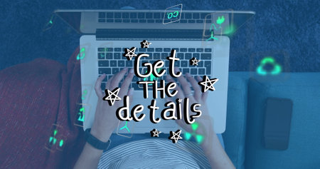 Image of get the details text over caucasian woman using laptop. global business and digital interface concept digitally generated image.の写真素材