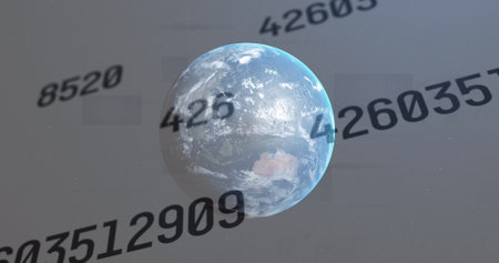 A transparent globe displaying continents, hovering above digits. Numbers in background are creating digital atmosphere around Earth, enhancing the visual appealの写真素材