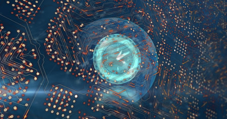 Image of data processing over globe. Global business and digital interface concept digitally generated image.の写真素材