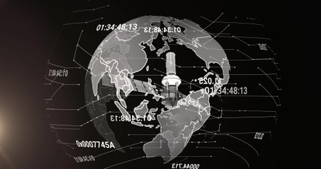 Image of satellite over globe and numbers processing on black background. Global connections and...