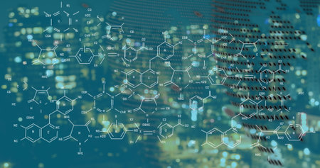 Image of chemical formula over cityscape. Global science, computing and digital interface concept digitally generated image.の写真素材