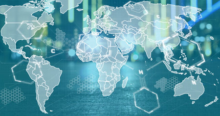 Image of graphs and chemical formulas over world map and green background. Finance, economy, science and technology concept digitally generated image.の写真素材