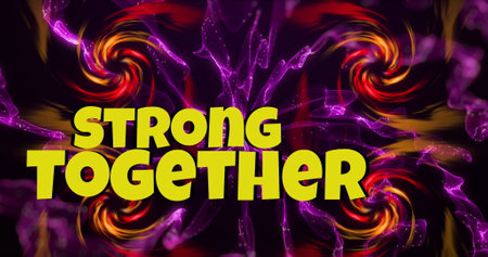 Image of strong together over spiral flames and purple shapes on black background. Communication, shapes, colour and movement concept digitally generated image.の写真素材