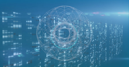 Image of globe over server room. Global connections digital interface and digital interface concept...