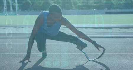 Image of data on digital screen over african american man with running blade stretching. Sport, active lifestyle with disability and data processing concept digitally generated image.の写真素材